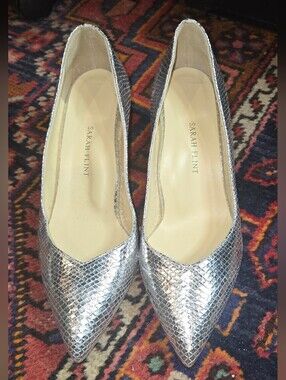 Sarah Flint Silver Metallic Snakeskin Pointed Toe Pumps
